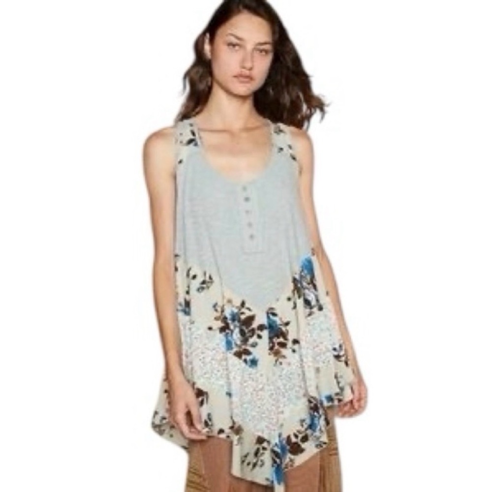 POL Boho Patchwork Henley Tank Floral Tiered Sharkbite Babydoll Top S - Picture 2 of 2
